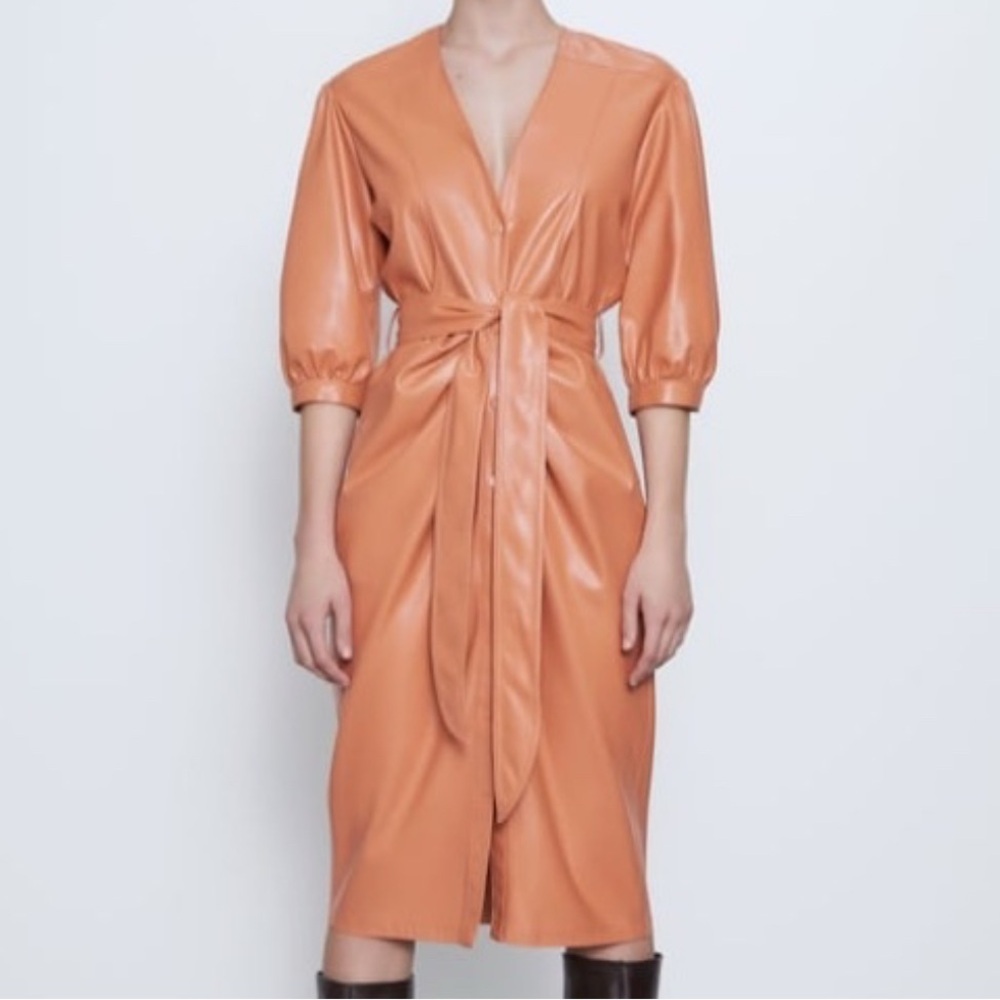 Zara Midi Dress Womens XL Orange Faux Leather Belted Snap Front Ruched V Neck